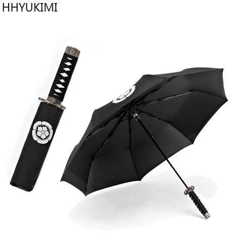 HHYUKIMI Black Glue Windproof Japanese Ninja-like Samurai Sword Umbrella Three Fold Short Handle Rain Sun Straight Umbrella Ribs ► Photo 1/6