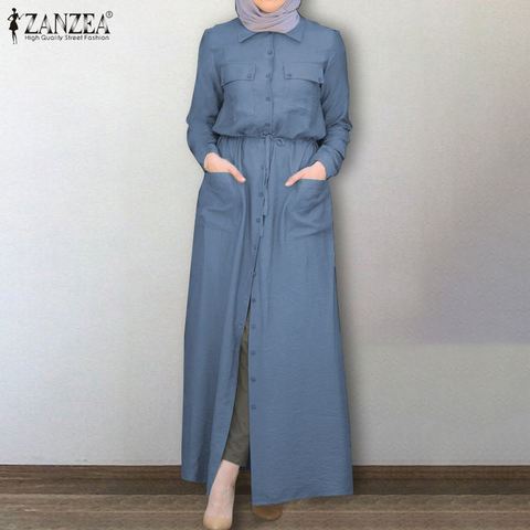 ZANZEA Elegant Women Long Shirt Dress Casual Lapel Neck Long Sleeve Muslim Hijab Dress Autumn Drawstring Sundress Abaya Vestido ► Photo 1/6