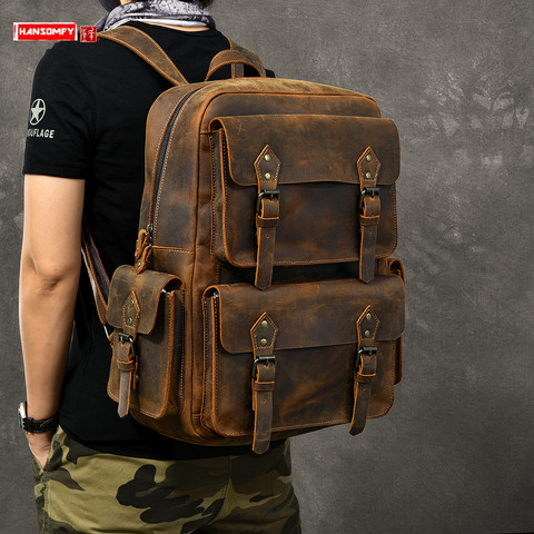 Large Capacity Men's Backpack Computer Bag Men Outdoor Retro Leather Travel Backpacks Original Oversized Crazy Horse Leather Big ► Photo 1/6