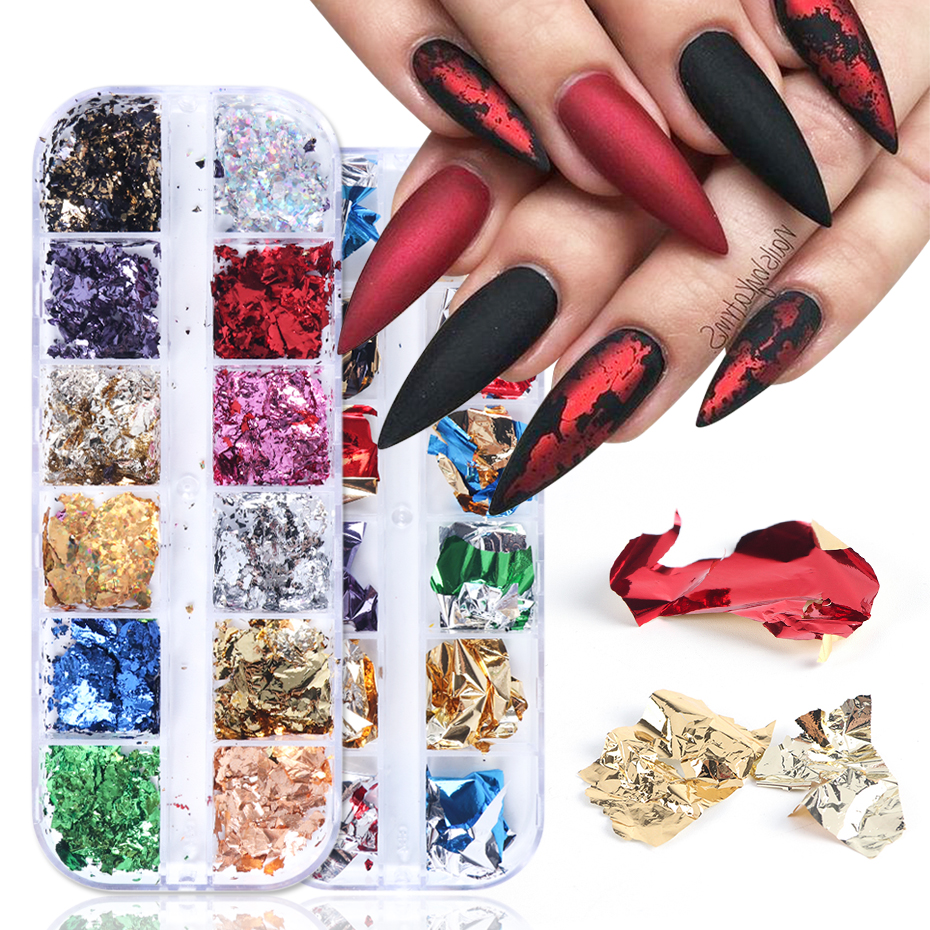 3D Sparkly Aluminum Foil Flake Sequins Nail Art Foil Glitter Flakes Nail  Art for Acrylic Nails Design 6 Grids 