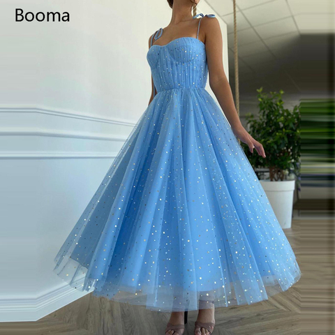 Fairy Blue Princess Prom Dresses Sparkly Starry Tulle Strapless Short Prom Gowns Pleated Tea-Length A-Line Formal Party Gowns ► Photo 1/5