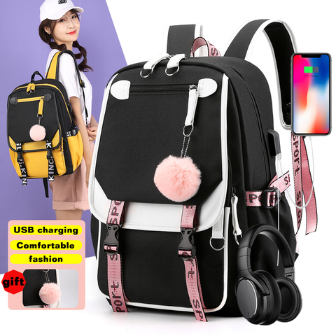 Fashion Women USB Charging Laptop Backpack for Teenage Girls School Travel Bag 