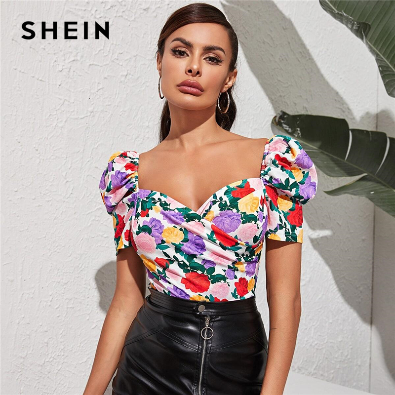 SHEIN Multicolor Sweetheart Neck Puff Sleeve Floral Top Slim Fit Wrap  Blouse Summer Elegant Short Sleeve Womens Tops and Blouses - Price history  u0026 Review | AliExpress Seller - SheIn Official Store | Alitools.io