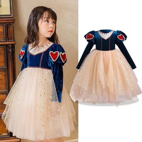 Girls Snow White Party Christmas Dress Golden velvet Winter Long Sleeve Heart Printed Princess Costume Kids Children Clothes ► Photo 1/6