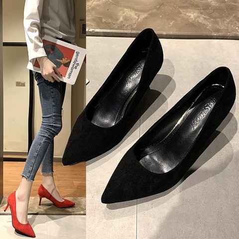 2022 New Arrival Korean Concise Pointed Toe Office Shoes Women's Fashion Solid Flock Shallow High Heels Shoes for Women ► Photo 1/5