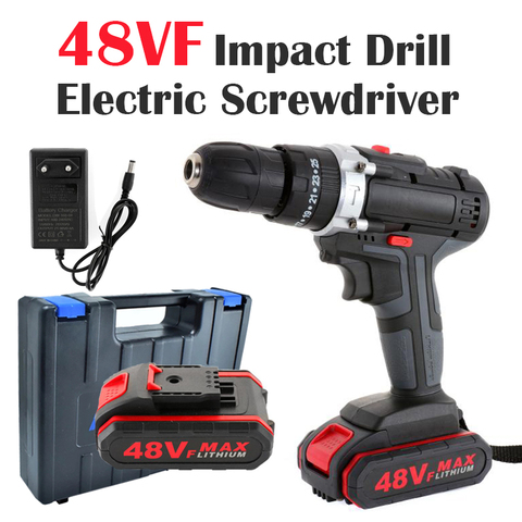 48VF Cordless Lithium Battery Electric Drill Impact Drill Wireless Wrench Drill Power Tools Kit with 2x Battery+Battery Charger ► Photo 1/6