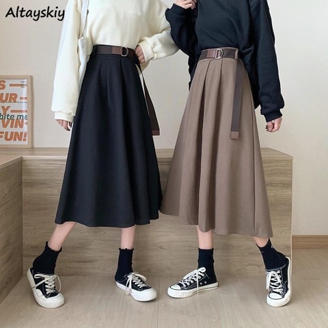 Solid Skirts Women Mid-calf High Waist Friends Korean Style Elegant College Spring Autumn All-match Jupe Mujer Faldas Female Ins ► Photo 1/6