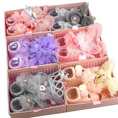 Infant Newborn Baby Girls 3Pcs/Set Slipper Socks Headband Gift Foot Socks Lace Crown Hair Band Accessories Photo Props Meias ► Photo 1/6