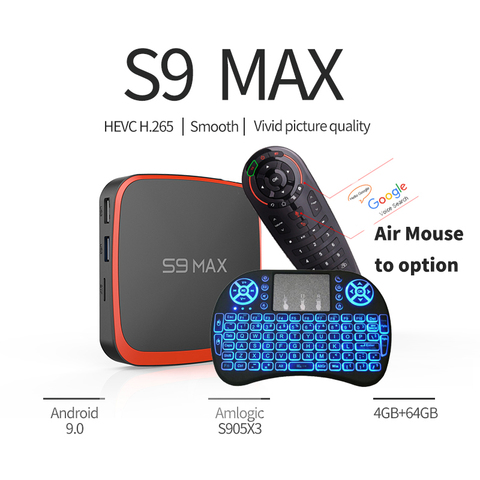 S9 MAX Smart Android 9.0 TV Box 1080P HD 4K 3D Amlogic S905X3 2.4G/5GHz Wifi Media Player 4G 64G Youtube Set Top Box PK H96 MAX ► Photo 1/6