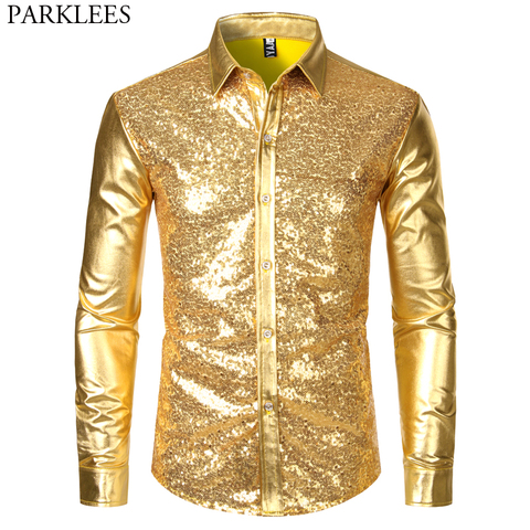 Men's Disco Shiny Gold Sequin Metallic Design Dress Shirt Long Sleeve Button Down Christmas Halloween Bday Party Stage Costume ► Photo 1/6