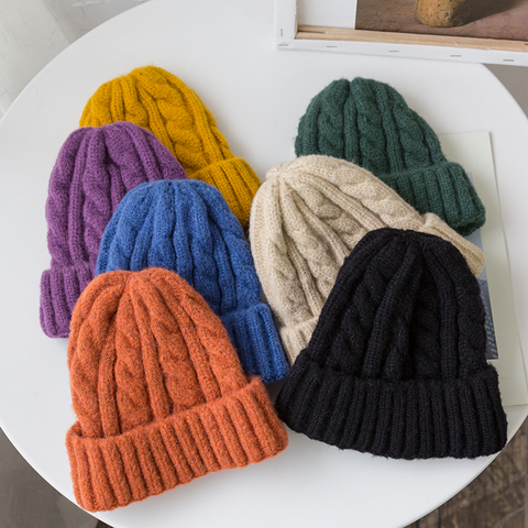 New Candy Colors Knitted Hats For Women Kpop Style Twist Woolen Beanie Hat Autumn And Winter Female Cap Keep Warm Winter Hat ► Photo 1/6