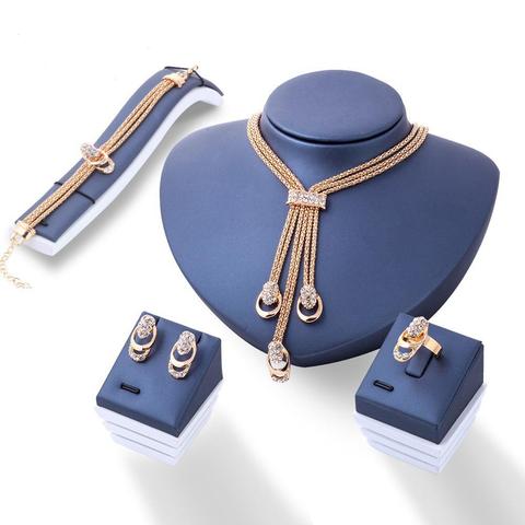 Women Fashion Rhinestone Inlaid Necklace Bracelet Ring Ear Studs Jewelry Set ► Photo 1/6