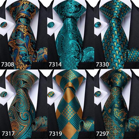 Gift Men Tie Teal Green Paisley Plaid Silk Wedding Tie For Men DiBanGu Design Hanky Cufflink Quality Men Tie Set Dropshipping ► Photo 1/6