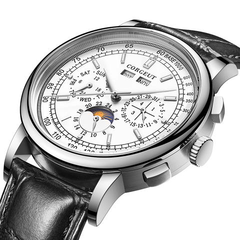 Top Brand 42mm CORGEUT Mechanical wristwatches moon Phase White Dial Silver Year Day Month Week 316L SS Case Automatic Watch men ► Photo 1/6