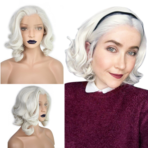Anogol Short Body Wave Bob White Blonde Free Part Wave High Temperature Fiber Synthetic Hair Lace Front Wigs For Drag Queen ► Photo 1/6