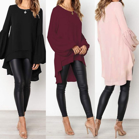 Women Blouse ZANZEA Autumn Crew Neck Lantern SleeveShirt Casual Solid Blusas Femininas Long Tops Tunic Asymmetrical Hem Blouses ► Photo 1/6