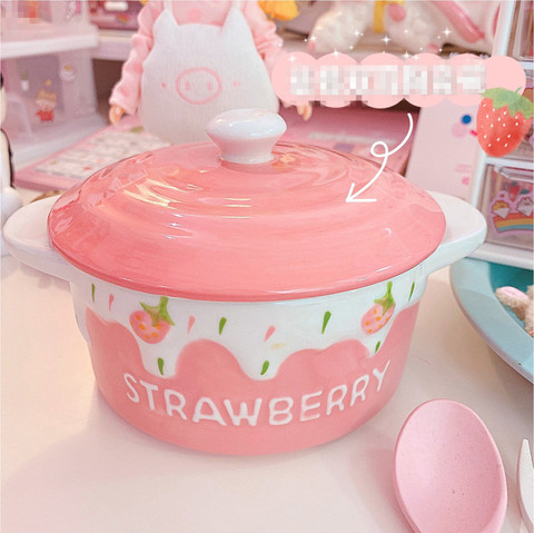 4 Inches Cute Pink Strawberry Binaural Enameled Porcelain Bowl Kids Fruit Salad Dessert Rice Breakfast Bowls WIth Lid Tableware ► Photo 1/5