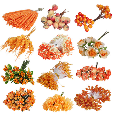 Orange Theme Mixed Hybrid Flower Cherry Stamen Berries Bundle DIY Cake Christmas Wedding Gift Box Wreath Decor 6/10/12/70/288pcs ► Photo 1/6