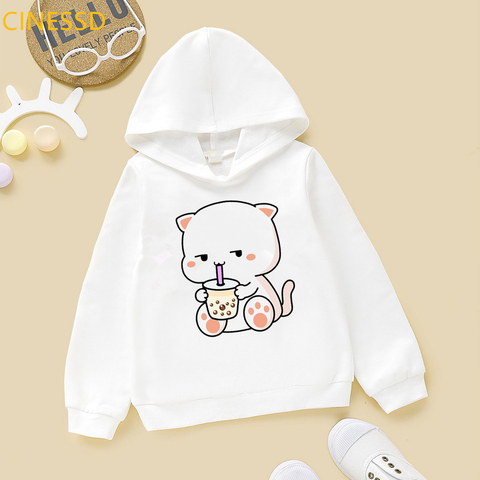 Harajuku Kawaii Cat Love Boba Cartoon Hoodie Baby Boys Girls Sweatshirt Winter Spring Top Children's Clothes White Kids Fleece ► Photo 1/6