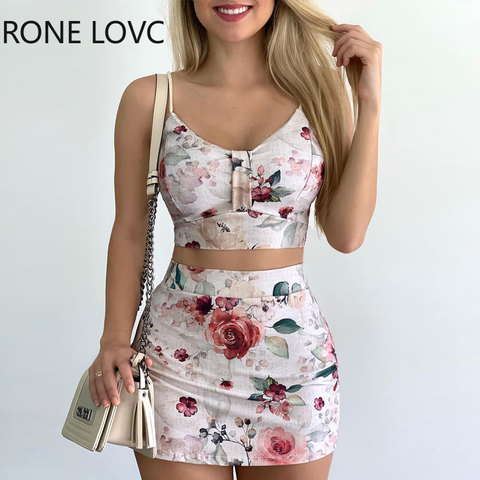 Women V-Neck Floral Print Spaghetti Strap Crop Top & Skirts Sets Casual 2 Pieces Set ► Photo 1/3