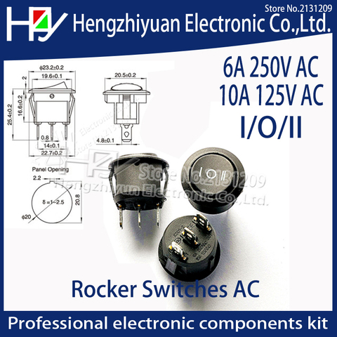 KCD1 10A 125V AC 6A 250V AC 23mm Round Black 3 Pin  3 Position SPDT ON-OFF-ON Rocker Switch Snap-in ► Photo 1/5