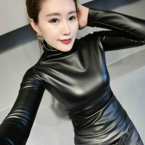 Fashion Autumn Women PU Leather Tops Shirts turtleneck Long Sleeve slim Casual  plus siz 4XL ► Photo 1/6