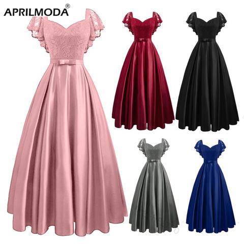 Ruffle Sleeve Party Satin Floral Lace Long Dress Pink Red Black Blue Hollow Out Women Spring Summer Maxi Plus Size Vestidos 2022 ► Photo 1/6