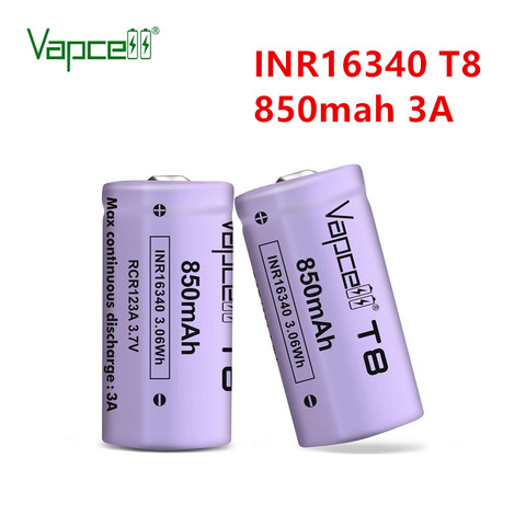 Vapcell Original 16340 850mah 3A T8 charging 3.7V li ion battery rechargeable button top batteries for flashlight power tools ► Photo 1/5