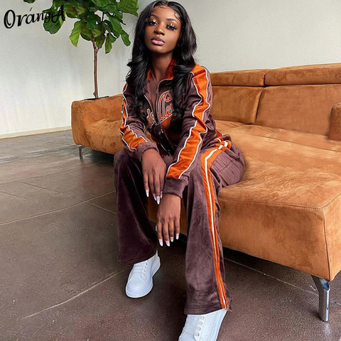 OrangeA Women Tracksuit Letter Print Velvet 2 Piece Outfit Sweatshirt+Straight Sweatpants Matching Set Fitness Sporty Streetwear ► Photo 1/6