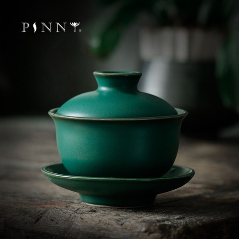 PINNY Japanese Style Retro Coarse Pottery Gaiwan Dark Green Glaze Ceramic Kung Fu Tea Tureen Retro Tea Bowl ► Photo 1/5