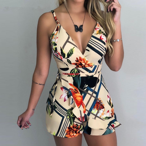 Sexy V-neck Spaghetti Strap Floral Print Women Short Romper Playsuit Female Beach Ruffle Sleeveless 2022 Fashion Casual Jumpsuit ► Photo 1/1