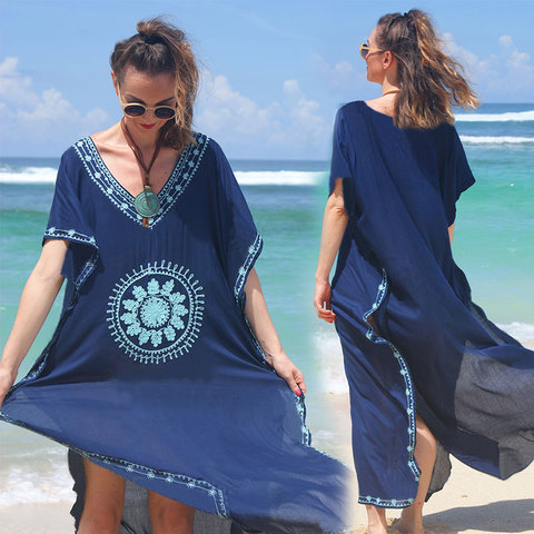 Embroidery Cotton Beach Cover up Saida de Praia Swimsuit Women Bikini cover-ups Tunics for Beach Pareo Sarong Beachwear #Q643 ► Photo 1/6