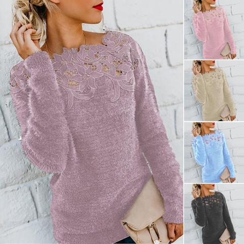 Oversize Winter Sweater Women Solid Color Long Sleeve O Neck Floral Lace Pullover Casual Elegant Plus Size Sweater ► Photo 1/6