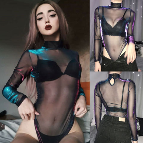 Fashion Shining Long Sleeve Bodysuit Mesh Fishnet Jumpsuit Women Goth Gothic Sexy Body Femme Shirt Top Transparent Blouse New ► Photo 1/6