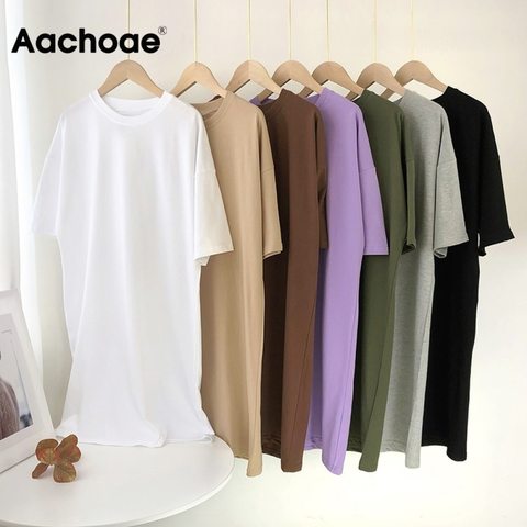 Aachoae Women Casual Loose Solid Cotton T Shirt Dress O Neck Oversize Mini Dress Batwing Short Sleeve Basic Dresses Vestidos ► Photo 1/6