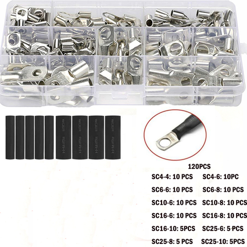 120/70/56Pcs SC Bare Bolt Hole Tinned Copper Cable lugs Battery Terminals set Wire terminals connector Suit SC10-6 SC16-8 SC25-8 ► Photo 1/3