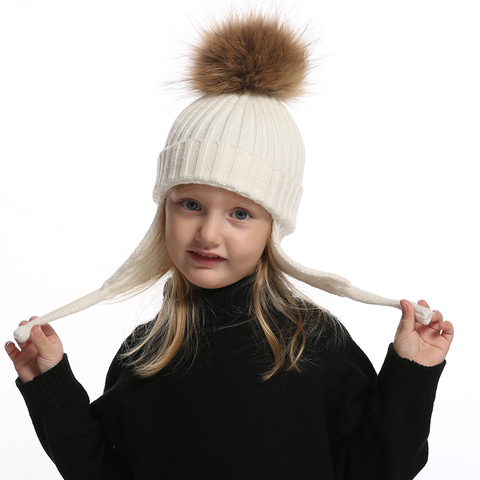 Kids Earflap Beanie Boy Girl Winter Wool Hat Real Fur Pompom Hat Warm Knitted Baby Hat Children Pompon Beanies Cap ► Photo 1/6