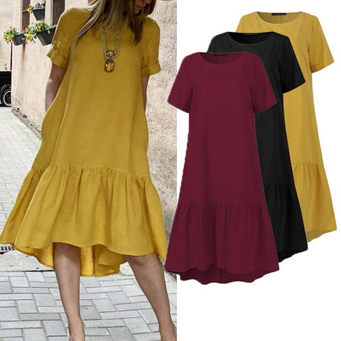 Women Dress Holiday Summer ZANZEA Short Sleeve Sundress Solid Casual Kaftan Ruffles Loose Vestidos Pockets O-Neck Robe Femme 5XL ► Photo 1/6