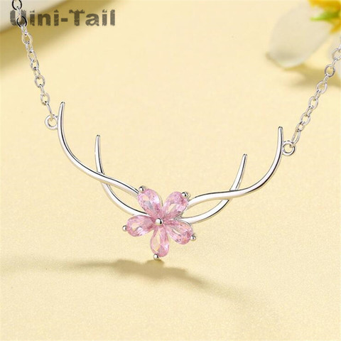 Uini-Tail Hot New Product 925 Sterling Silver Pink Sakura Elk Necklace Trend Fashion Temperament Antler Necklace Christmas Gift ► Photo 1/5