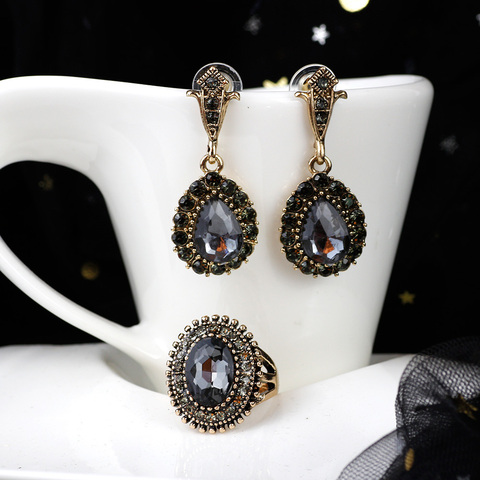 Sunspicems Vintage Grey Crystal Turkish Jewelry Drop Earring Round Ring Sets Antique Gold Color Bohemia Wedding Bijoux Gift ► Photo 1/6