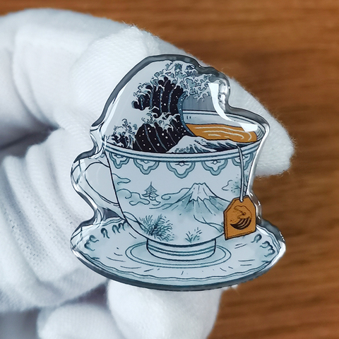 Storm Wave in a cup of Tea Enamel Pin Katsushika Hokusai Badge calm our restless heart ► Photo 1/2