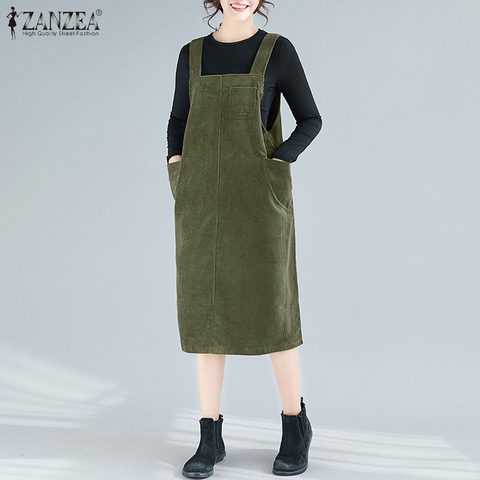 ZANZEA Spring 2022 Vintage Button Robe Dress Women's Sundress Casual Solid Suspender Midi Vestidos Female Corduroy Overalls 5XL ► Photo 1/6