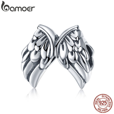 BAMOER Authentic 925 Sterling Silver Vintage Angel Wings Feathers Beads Charms fit Women Bracelets Bangles Jewelry SCC1091 ► Photo 1/6