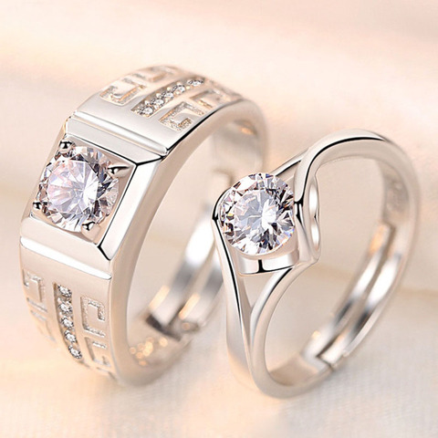 2Pcs/Pair Copper Silver Plated Classic Couple Resizeable Engagement Ring Men Women Cystal Adjustable Valentine Gift Wholesale ► Photo 1/6