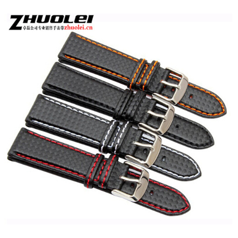 New 18mm 20mm 21mm 22mm 23mm Durable Orange Stitching carbon Fiber mens black genuine leather with silver clasp watchband strap ► Photo 1/6