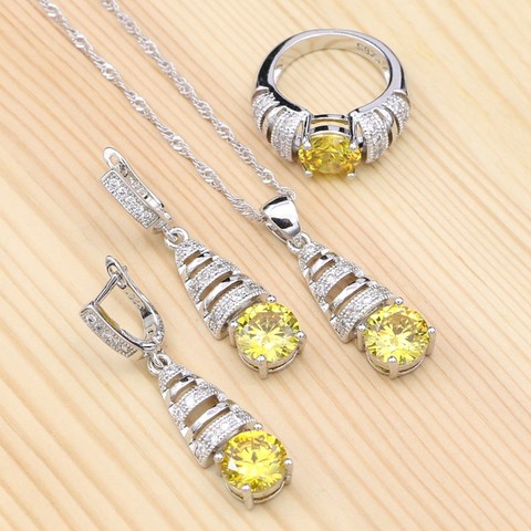 925 Sterling Silver Bridal Jewelry Sets for Women Yellow Stones White Cubic Zirconia Pendant Necklace Ring Earrings Set ► Photo 1/5