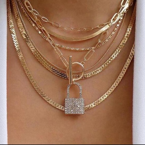 Exknl Layered Crystal Lock chain necklace 2022 girls cute necklace set claviclel chains women female fashion choker neck jewelry ► Photo 1/6