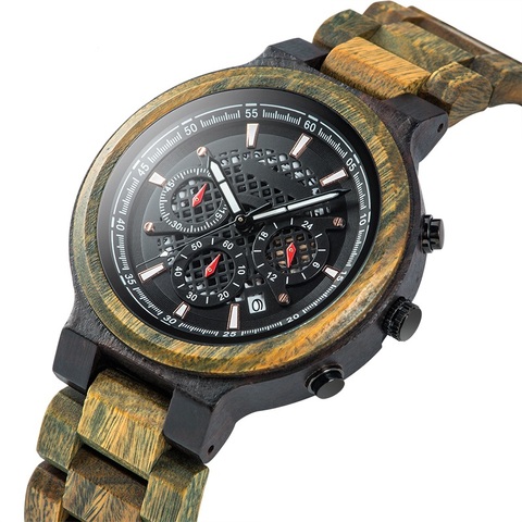 BOBO BIRD relogio masculino Watch Men Green Sandalwood Wristwatch Multifunctional Chronograph Watches Sport reloj hombre Engrave ► Photo 1/6