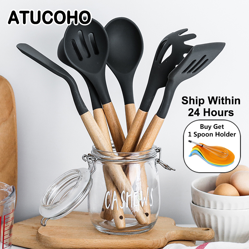 Silicone Wooden Spatula Soup Spoon Colander Shovel Cooking Utensils Kitchen Tool 
