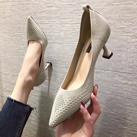 Ol Office Lady Shoes High Heels Knit Stretch Fabric Pumps Women Dress Shoes Black Basic Pump Pointed Toe zapatos mujer Spring ► Photo 1/6